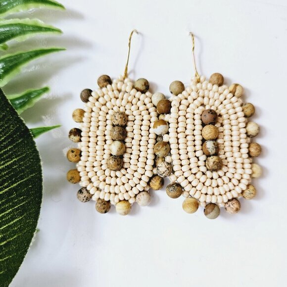 Beaded Tan Bohemian Shield Hoop Earrings | Handmade Indigenous Earrings - Picture 3 of 6